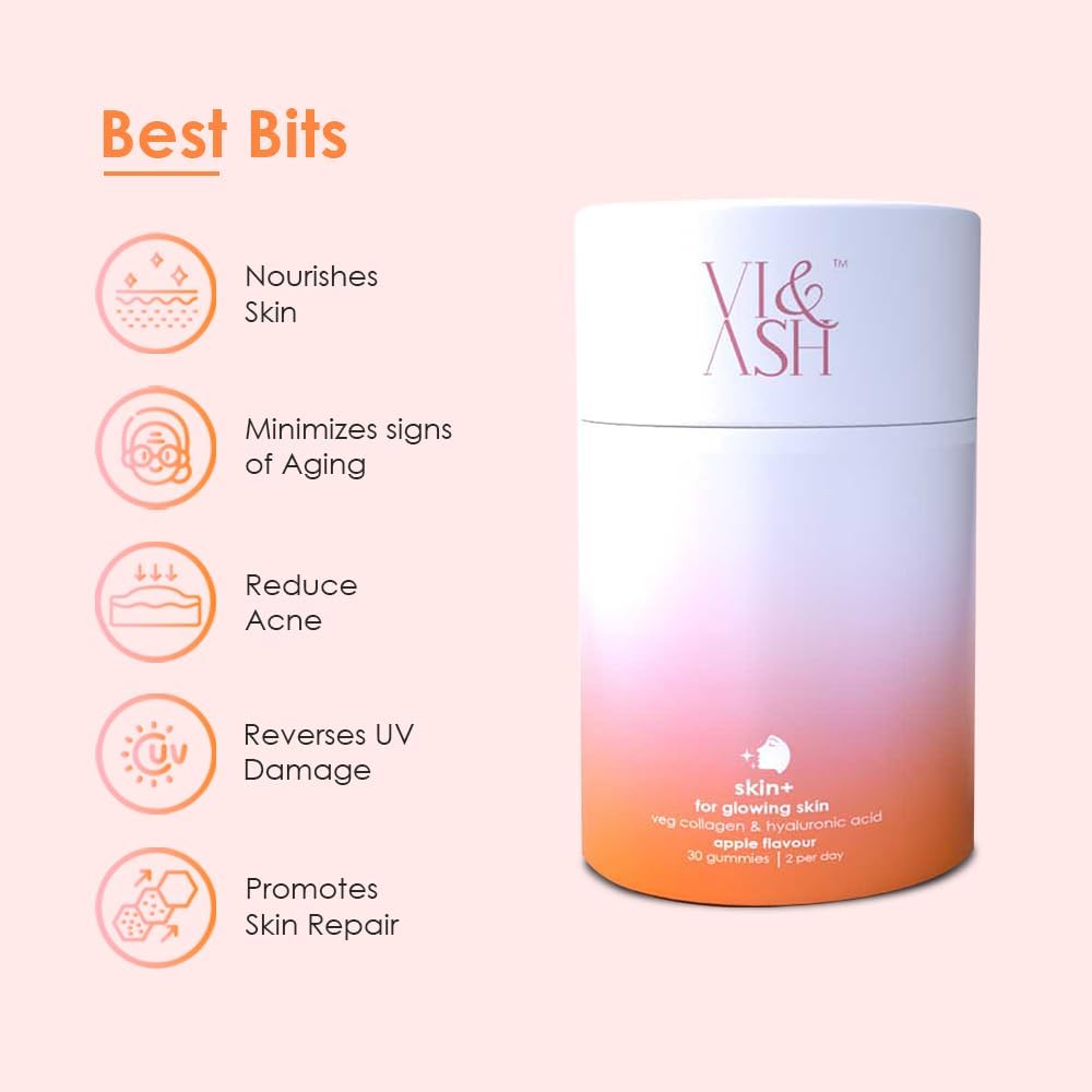 Vi & Ash Skin+ Gummies for Glowing Skin, UV Damage, Acne Scars, Ageing | Hyaluronic Acid, Collagen, Acerola, Omega 3 | Apple Flavor | 60 Gummies
