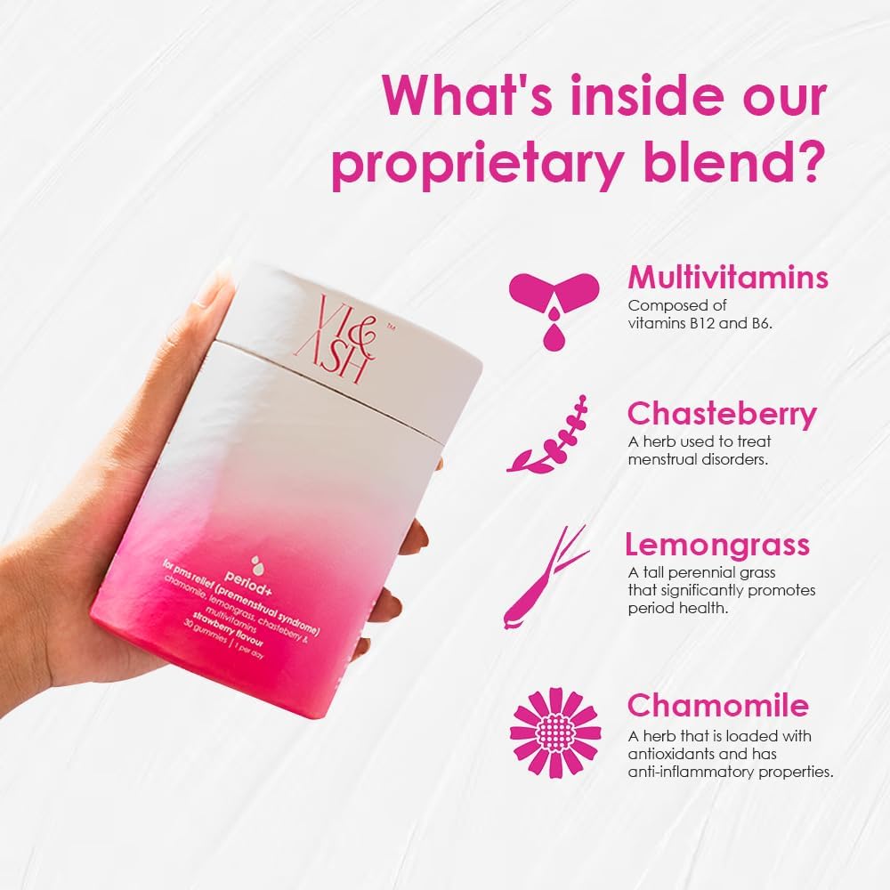 VI & ASH Period+ Gummies to Ease Period Pain, Menstruation Cramp - 60 Strawberry Flavor Gummies